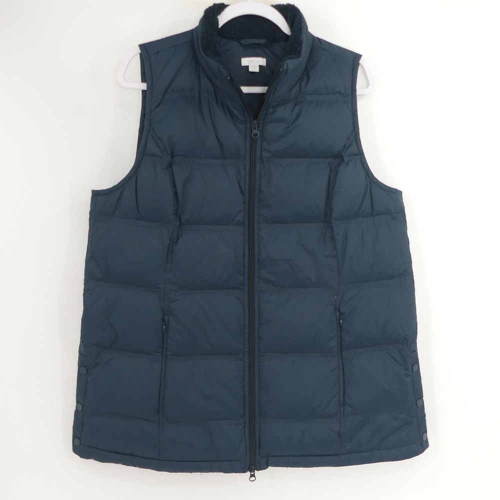 J. Jill Down Vest Womens Large Petite Blue Puffer Zip Sherpa Collar Quilted